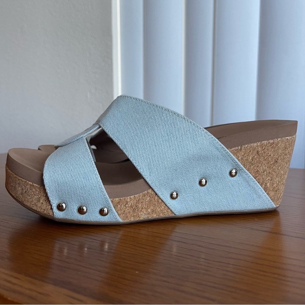 Corkys Bonnie Studded Wedge Sandal Light Blue Denim Size 9 - Picture 2 of 15